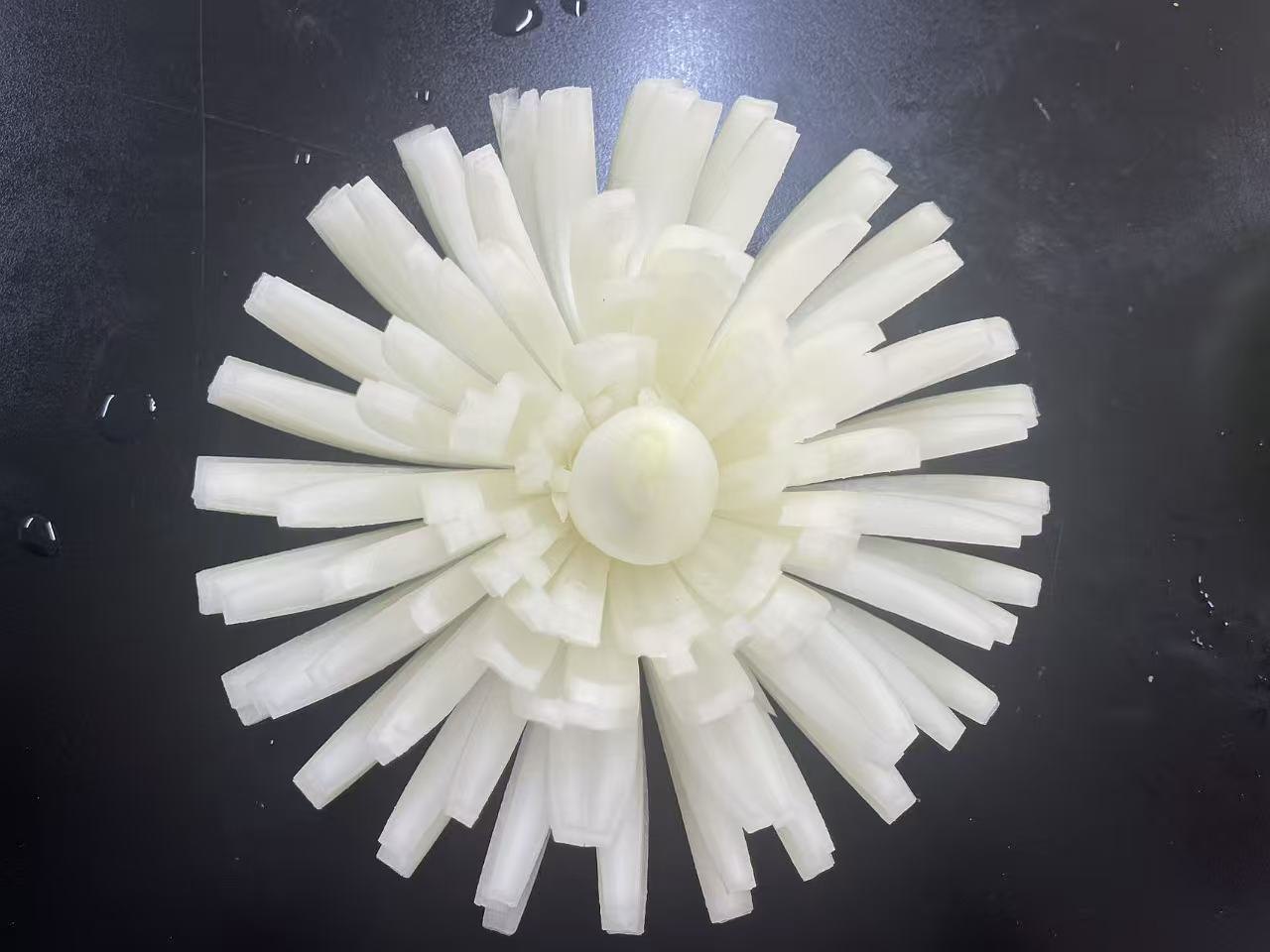 Uncoated white onion cut into radiating petals attached at the base