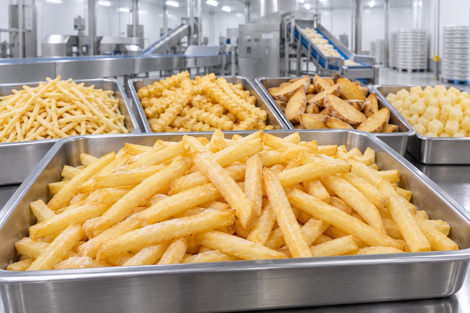 Frozen straight-cut fries, shoestring fries, crinkle cuts, wedges and diced potato in a processing facility