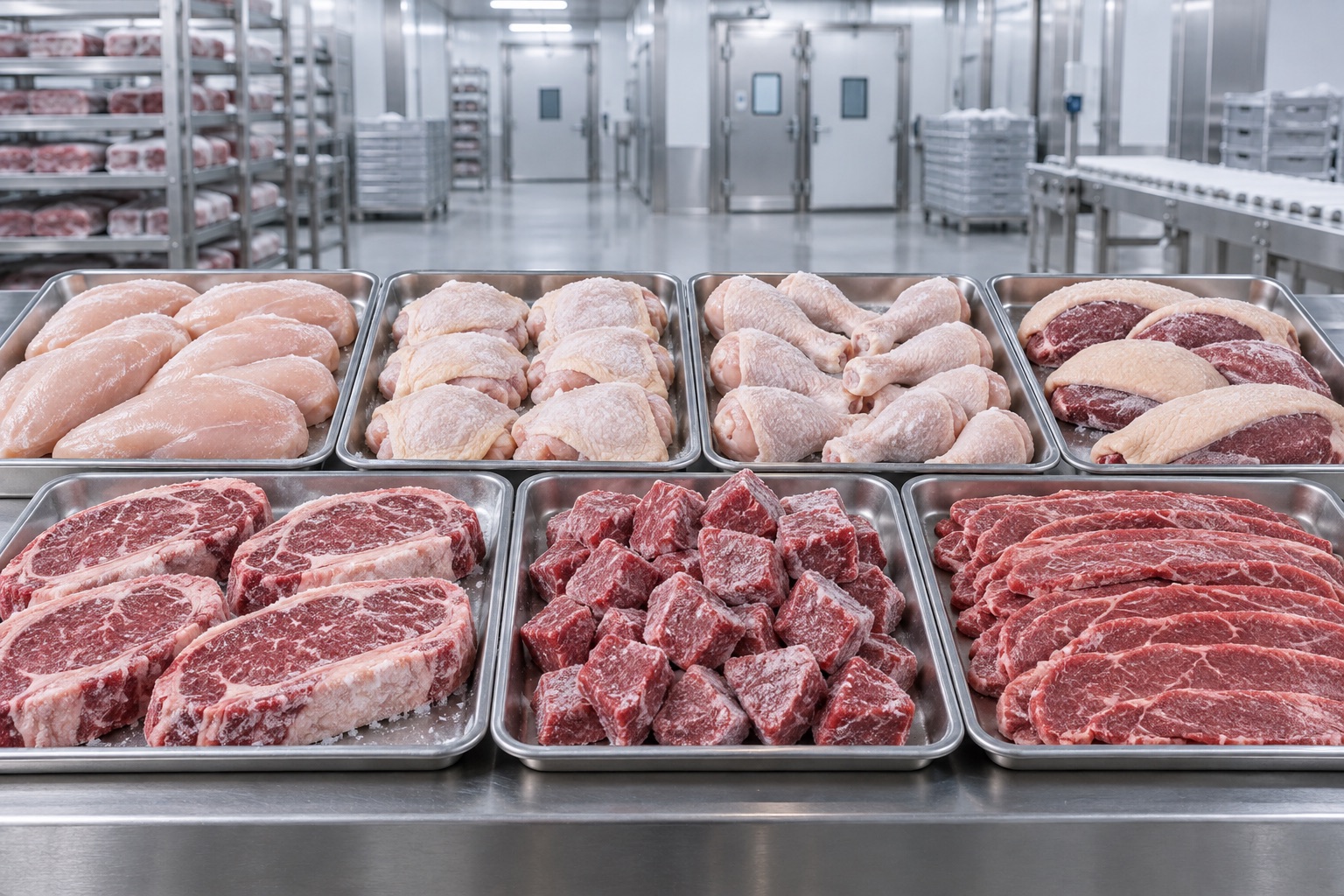 Frozen beef steaks, beef cubes, sliced beef, chicken breast, thighs and drumsticks in separate trays