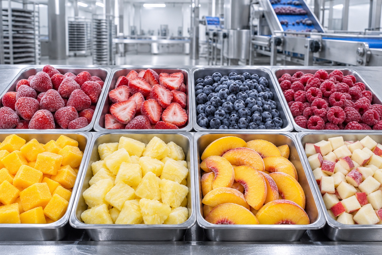 IQF strawberries, blueberries, raspberries, mango, pineapple, peaches and diced apples