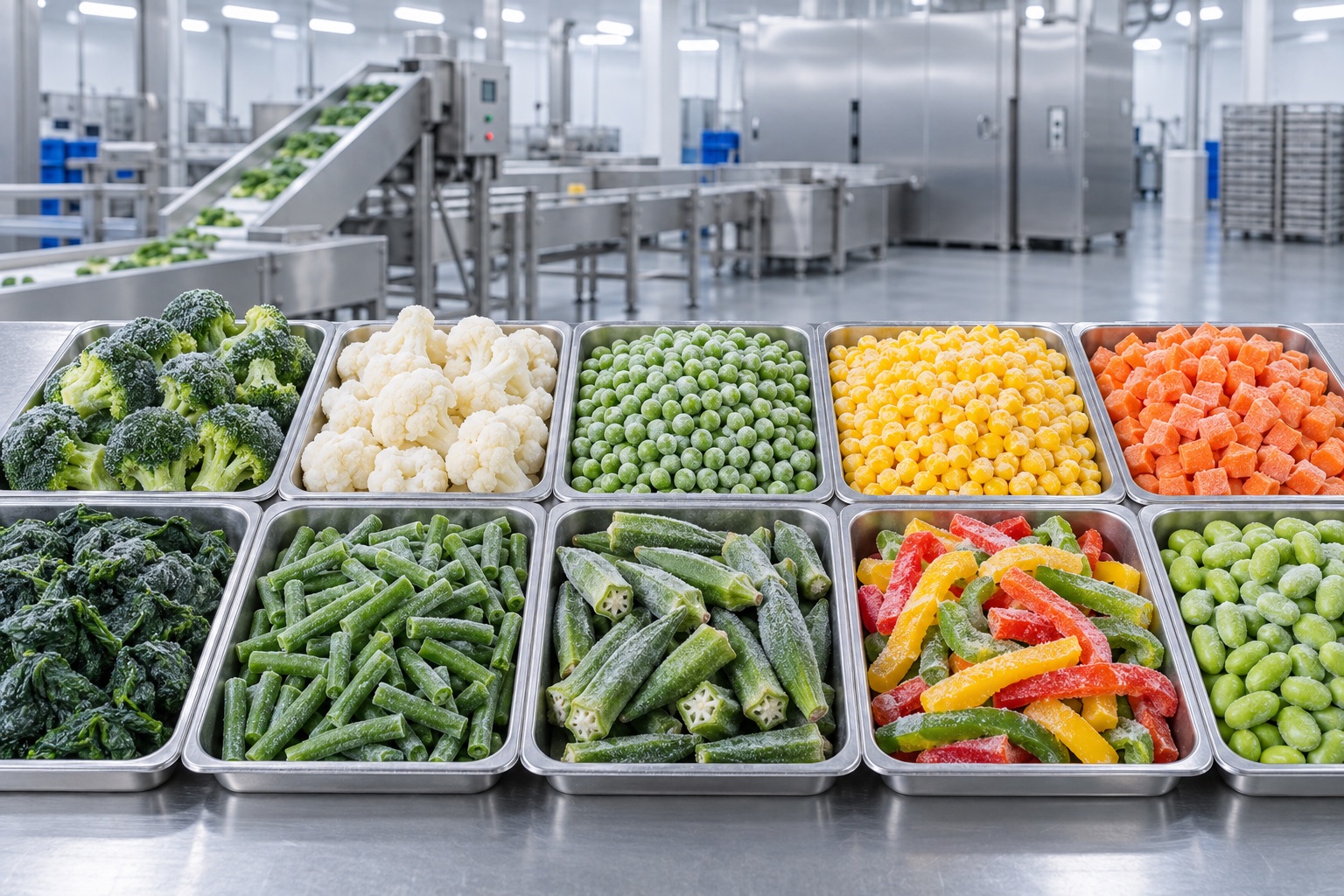 IQF broccoli, cauliflower, peas, corn, carrots, spinach, green beans, okra, peppers and edamame