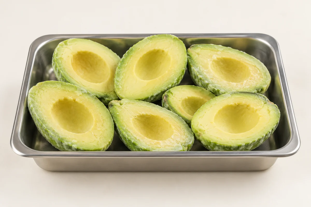 AI-generated product illustration of frozen avocado halves