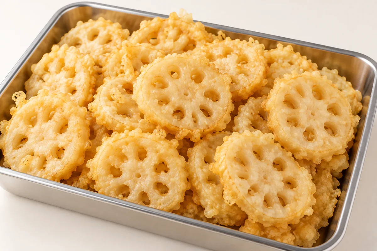 AI illustration of coated lotus root slices for a wholesale tempura procurement guide