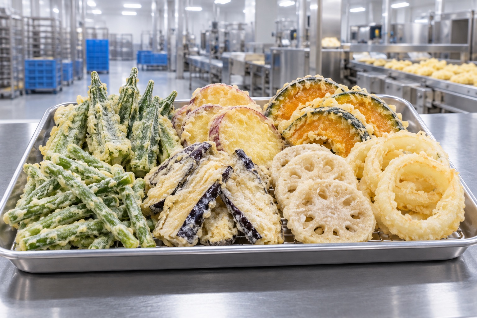 Frozen tempura green beans, okra, eggplant, sweet potato, pumpkin, lotus root and onion rings